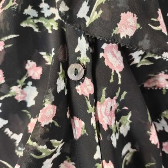 Böhme Womens‎ S Black Pink Floral Blouse Ruffle Front Long Sleeve Sheer Lined - Picture 8 of 11
